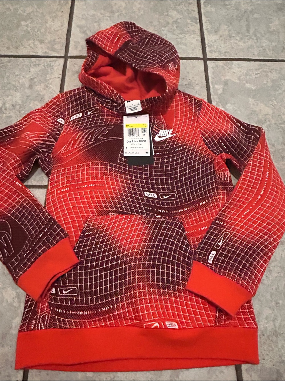Nike Red Grid-Pattern Pullover Hoodie for Kids